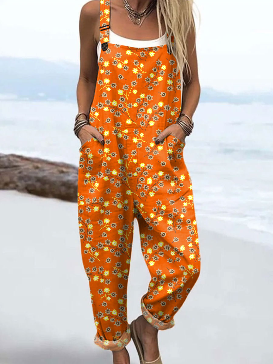 Women's Vintage Floral Art  Print Casual 100% Cotton Wide Leg Jumpsuit