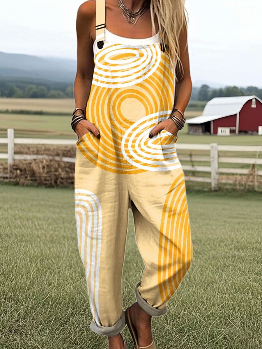 Women's Fashion Color Block Line Art Print Casual 100% Cotton Wide Leg Jumpsuit