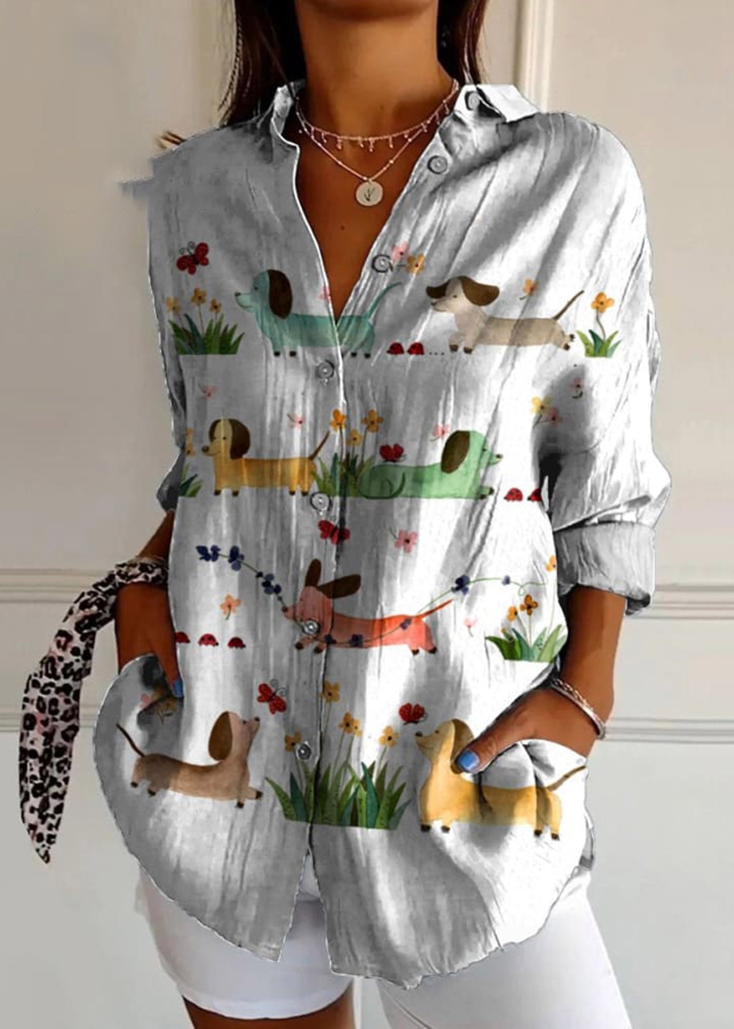 Watercolor Dachshund Dogs Art Printed Women's Casual Cotton Shirt