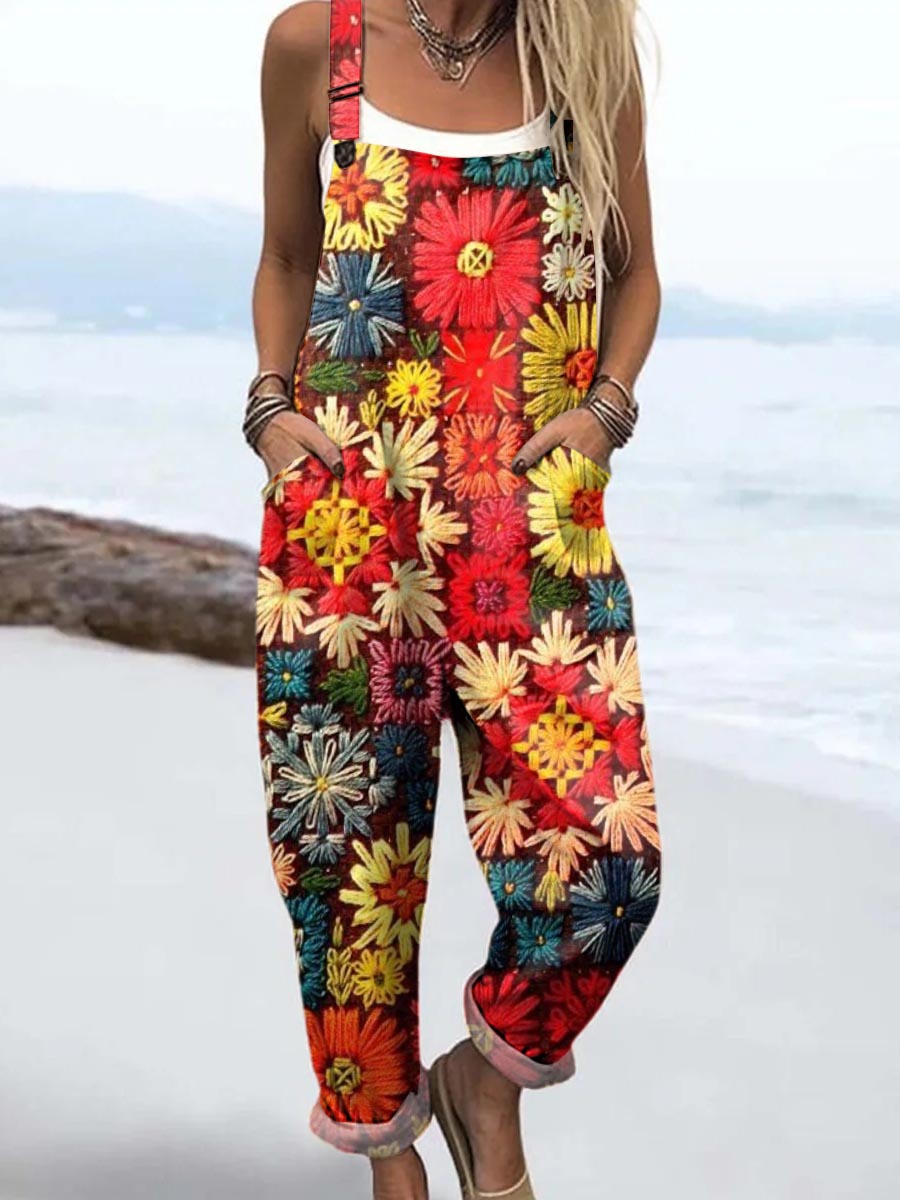 Women's Vintage Floral Art Print Casual 100% Cotton Wide Leg Jumpsuit