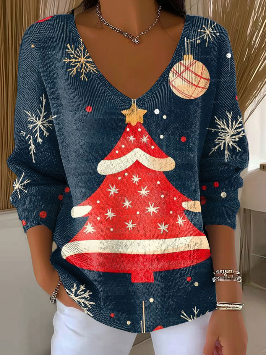 Women's Christmas Tree Pattern Print Casual Pullover Sweater