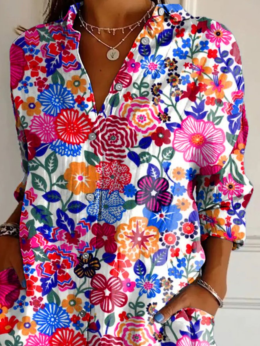Women's Flower Art Print Casual Cotton Shirt