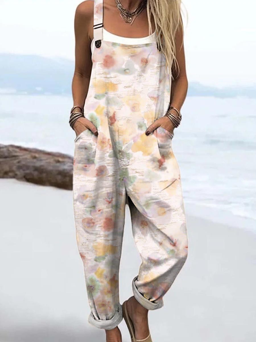 Women's Artistic Vintage Rendering Floral Print Casual 100% Cotton Wide Leg Jumpsuit