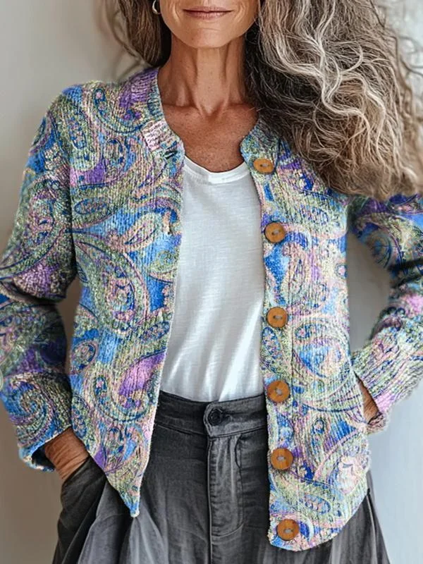 Women's Paisley Art Pattern Print Buttoned Cardigan Sweater
