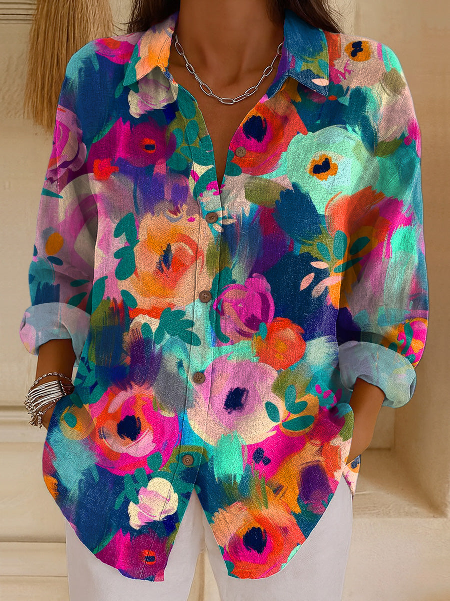 Women's Beautiful Colorful Abstract Floral Painting Art Print Casual Cotton Shirt