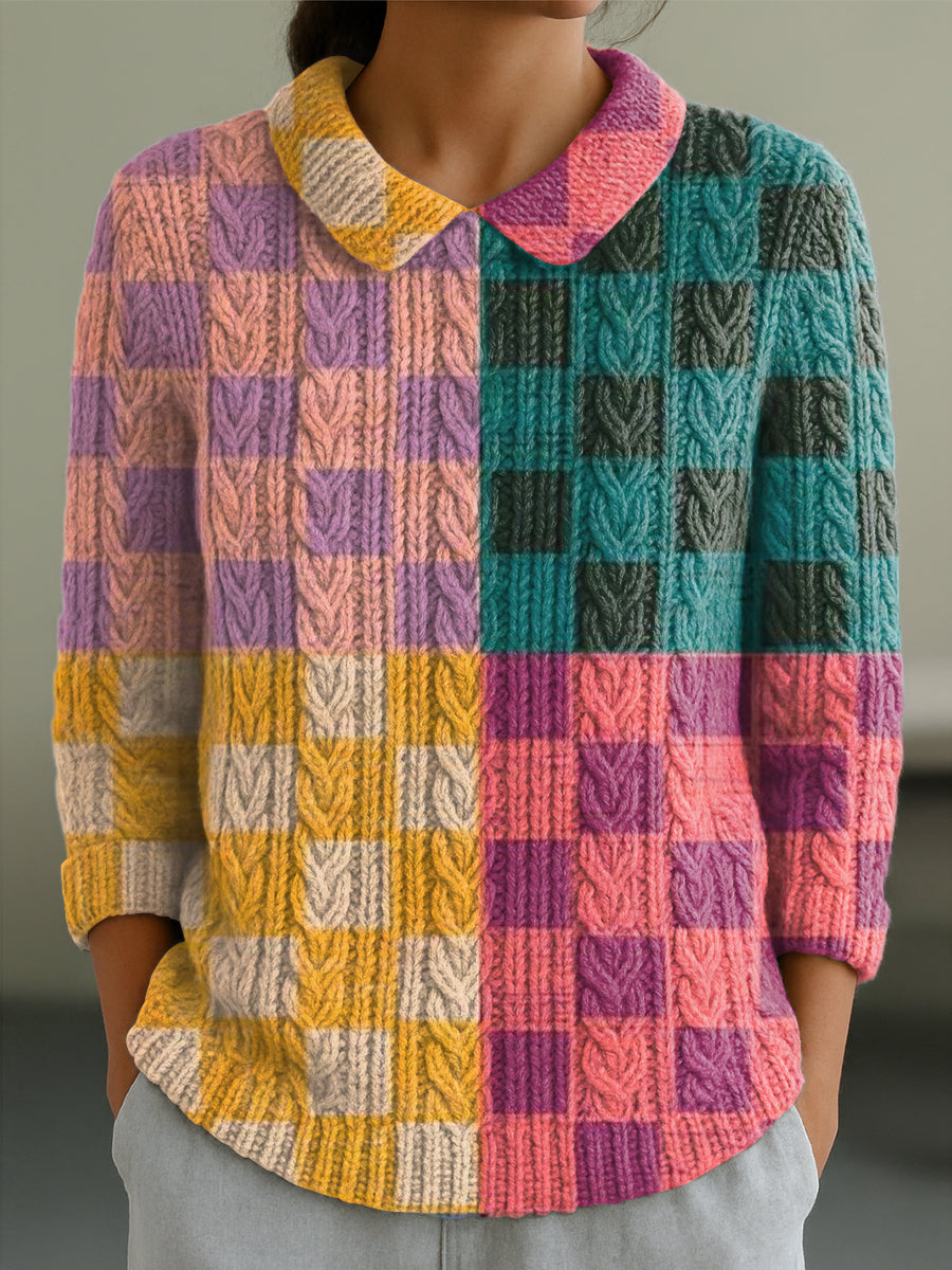 womens-abstract-colorful-plaid-painting-art-print-casual-peter-pan-collar-3-4-sleeve-sweater