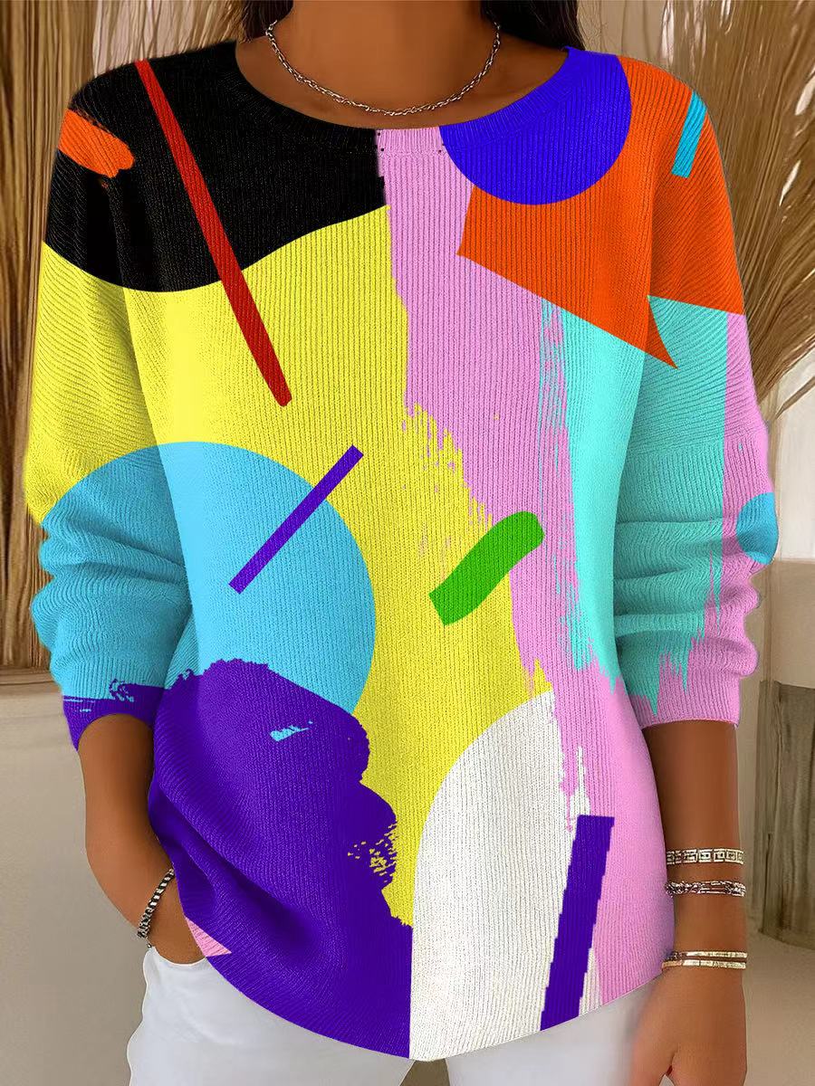 Women's Beautiful Multicolor Block Graffiti Painting Art Print Casual Pullover Sweater