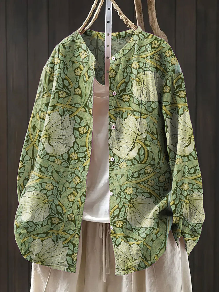 Women's Vintage Flower Art Print Casual Cotton And Linen Shirt