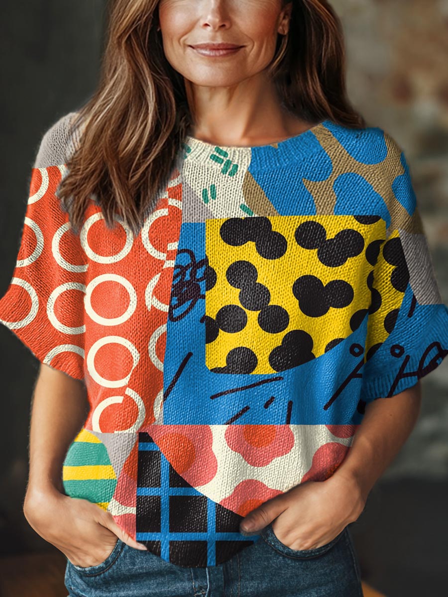 womens-abstract-geometric-pattern-art-print-casual-crew-neck-short-sleeve-knitted-sweater