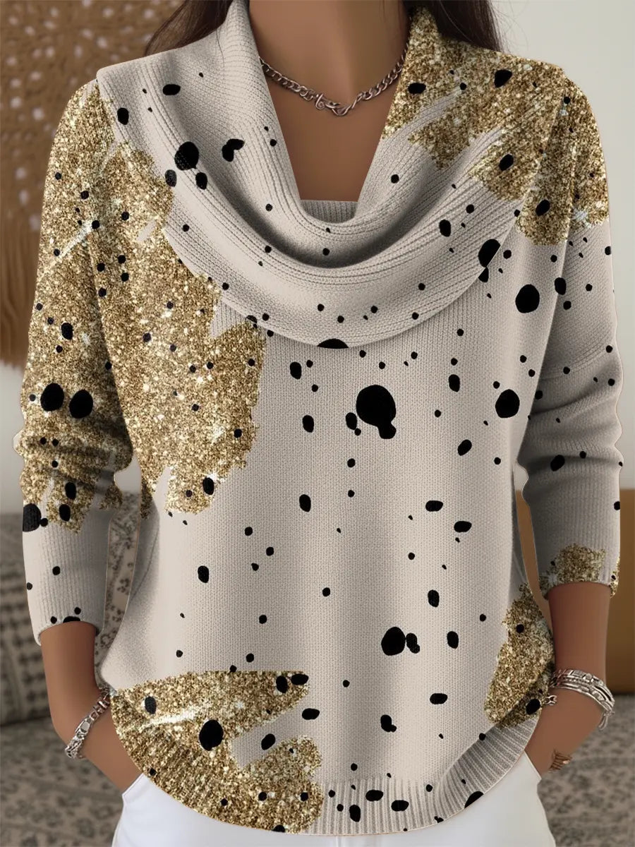 Women's Vintage Dots Print Cowl Neck Sweater