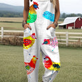 Women's  Vintage  Funny Chicken Art Print Casual 100% Cotton Wide Leg Jumpsuit