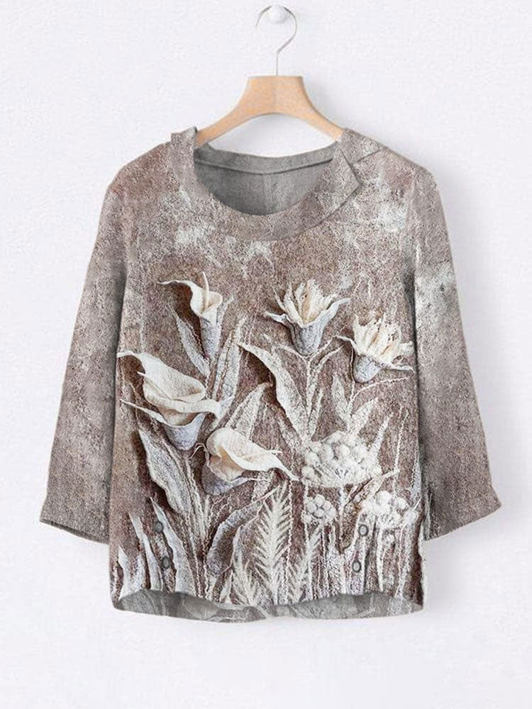 Botanical Floral Art Print Women's Linen Lapel Shirt