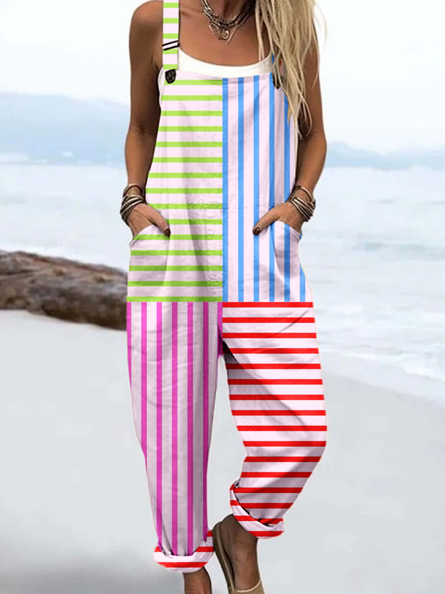 Women's Vintage Abstract Geometric Line Art Print Casual 100% Cotton Wide Leg Jumpsuit