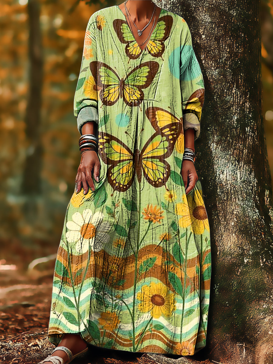 Women's Vintage Abstract Sunflower Butterfly Painting Art Print Dress