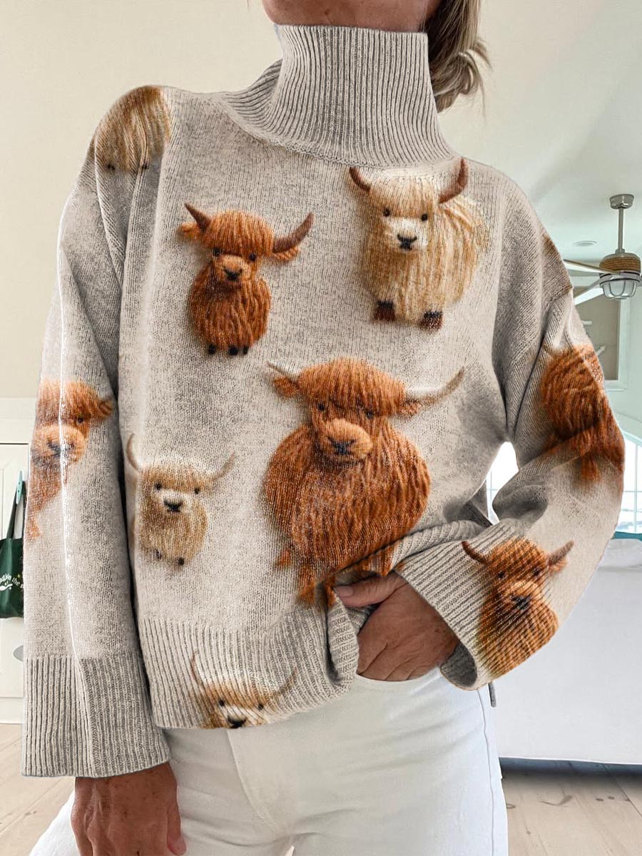 womens-lovely-cow-pattern-art-print-knit-turtleneck-pullover-sweater