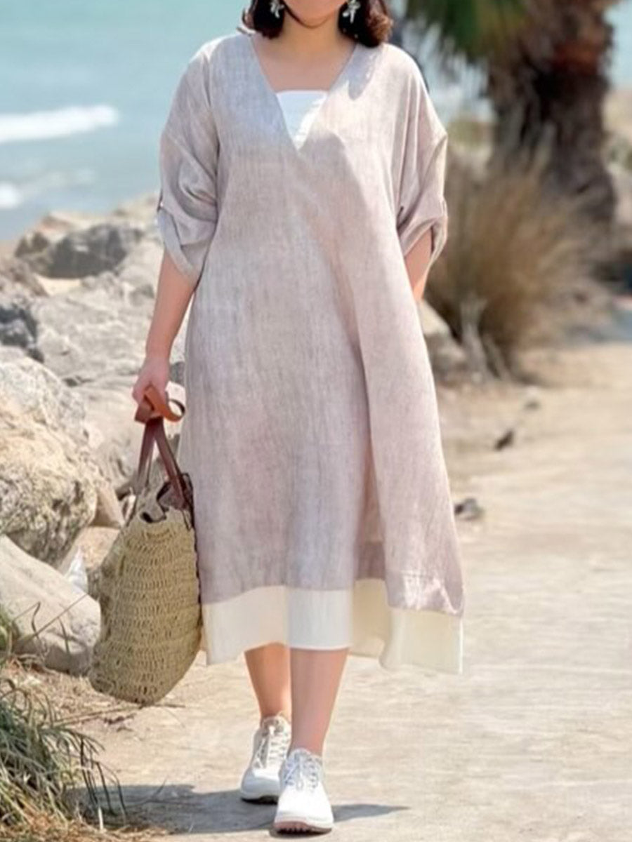 Women's Solid Color V-Neck 3/4 Sleeve Casual Loose Contrast Color Stitching Fake Two-Piece Cotton and Linen Dress