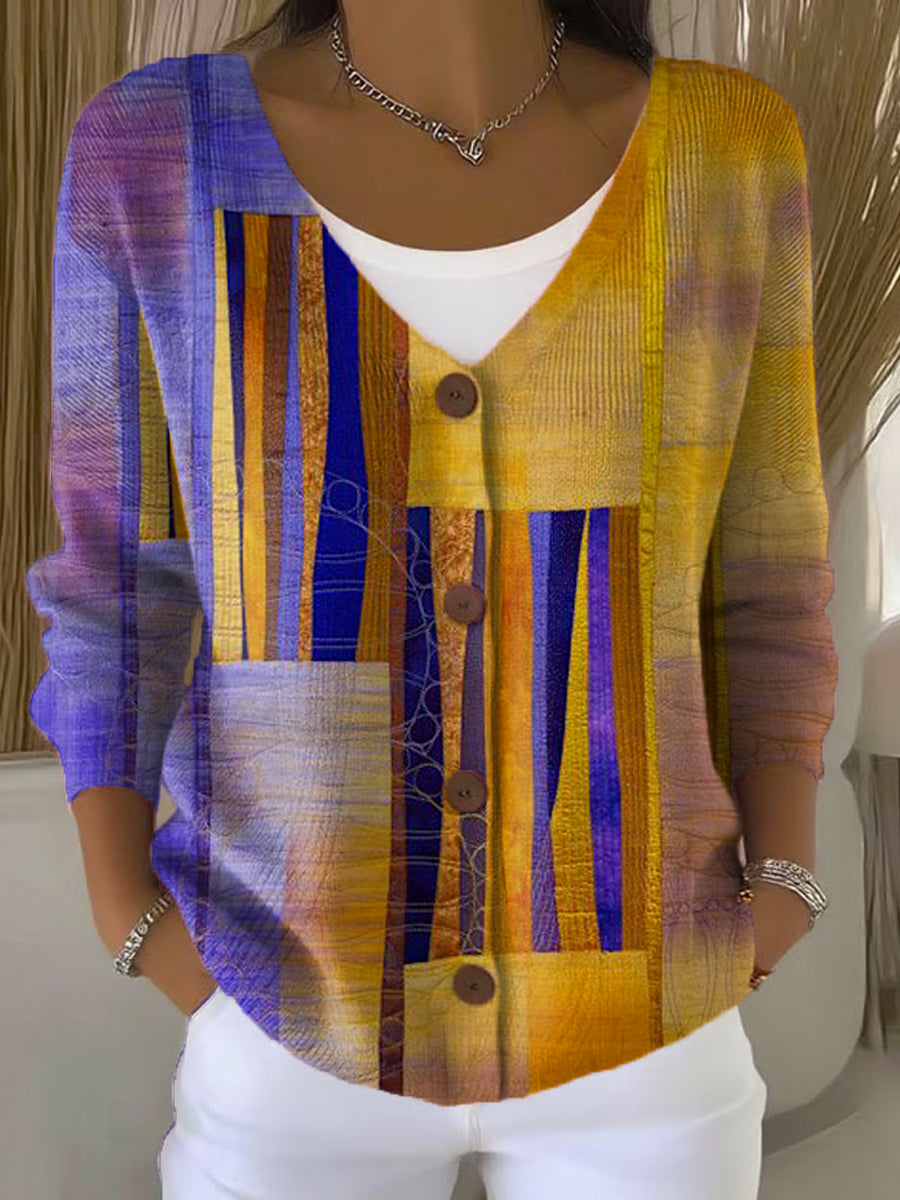 Vintage Geometry Art Print Buttoned V-neck Cardigan Sweater