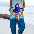Women's   Vintage Octopus Art Print Casual 100% Cotton Wide Leg Jumpsuit