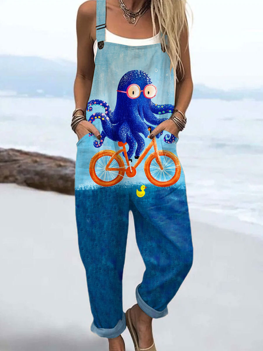 Women's   Vintage Octopus Art Print Casual 100% Cotton Wide Leg Jumpsuit