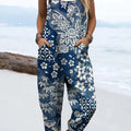 Women's Vintage Floral Art Print Casual 100% Cotton Wide Leg Jumpsuit