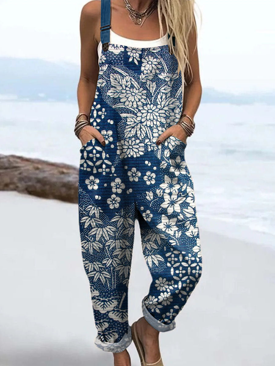 Women's Vintage Floral Art Print Casual 100% Cotton Wide Leg Jumpsuit