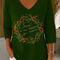 Women's Christmas Print V-Neck Three-Quarter Sleeve Casual Sweater