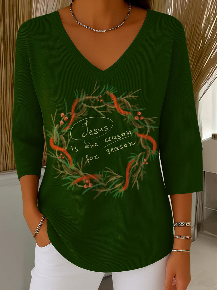 Women's Christmas Print V-Neck Three-Quarter Sleeve Casual Sweater