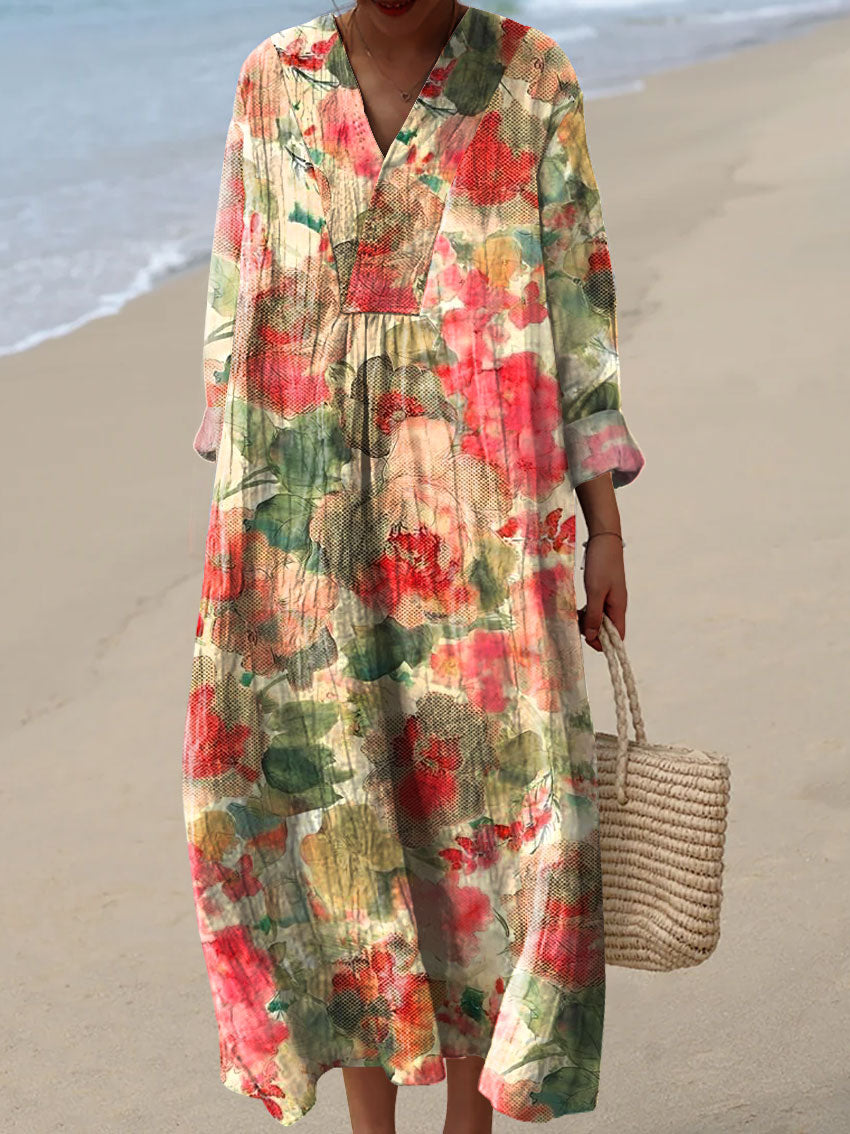 Women's Vintage Art Flowers  Print Casual Dress