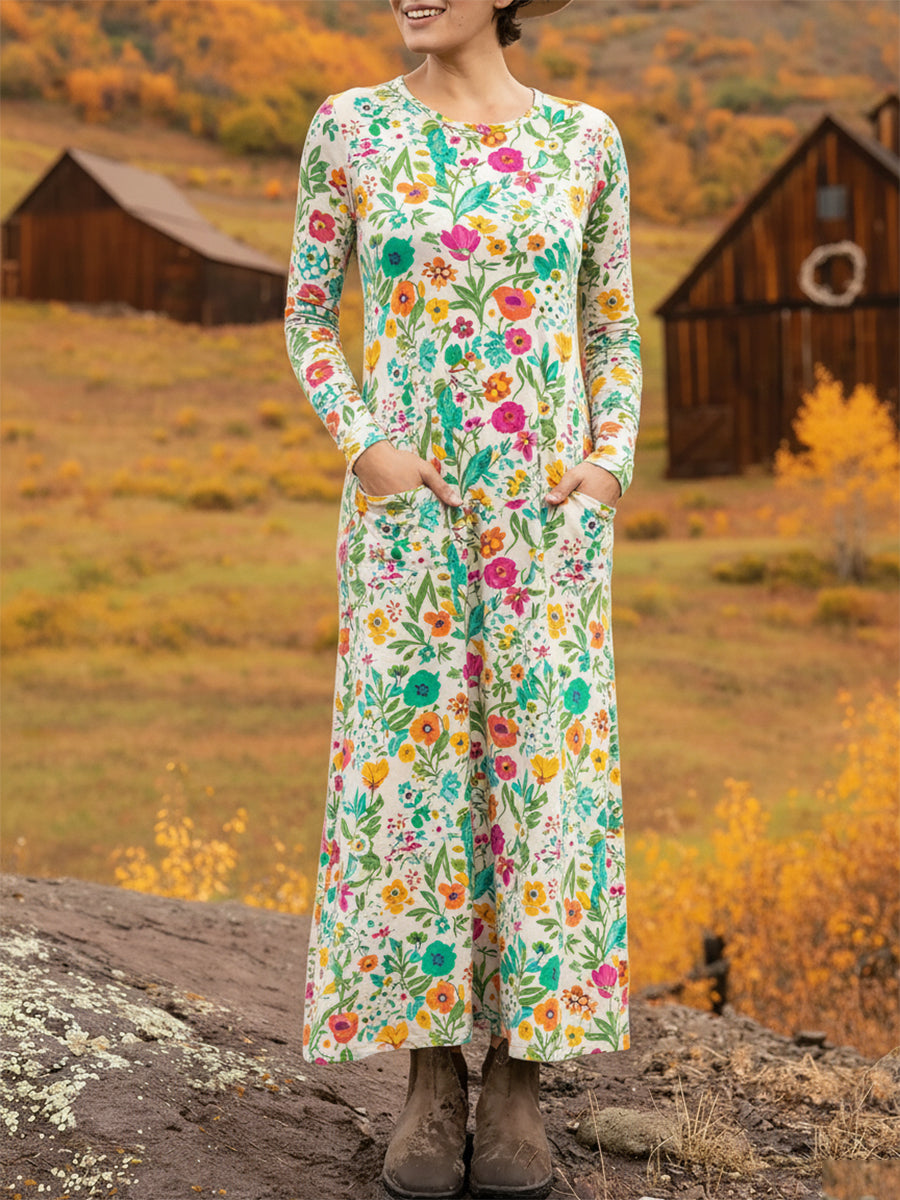 Women's Floral Print Pocket Stretch Dress Green