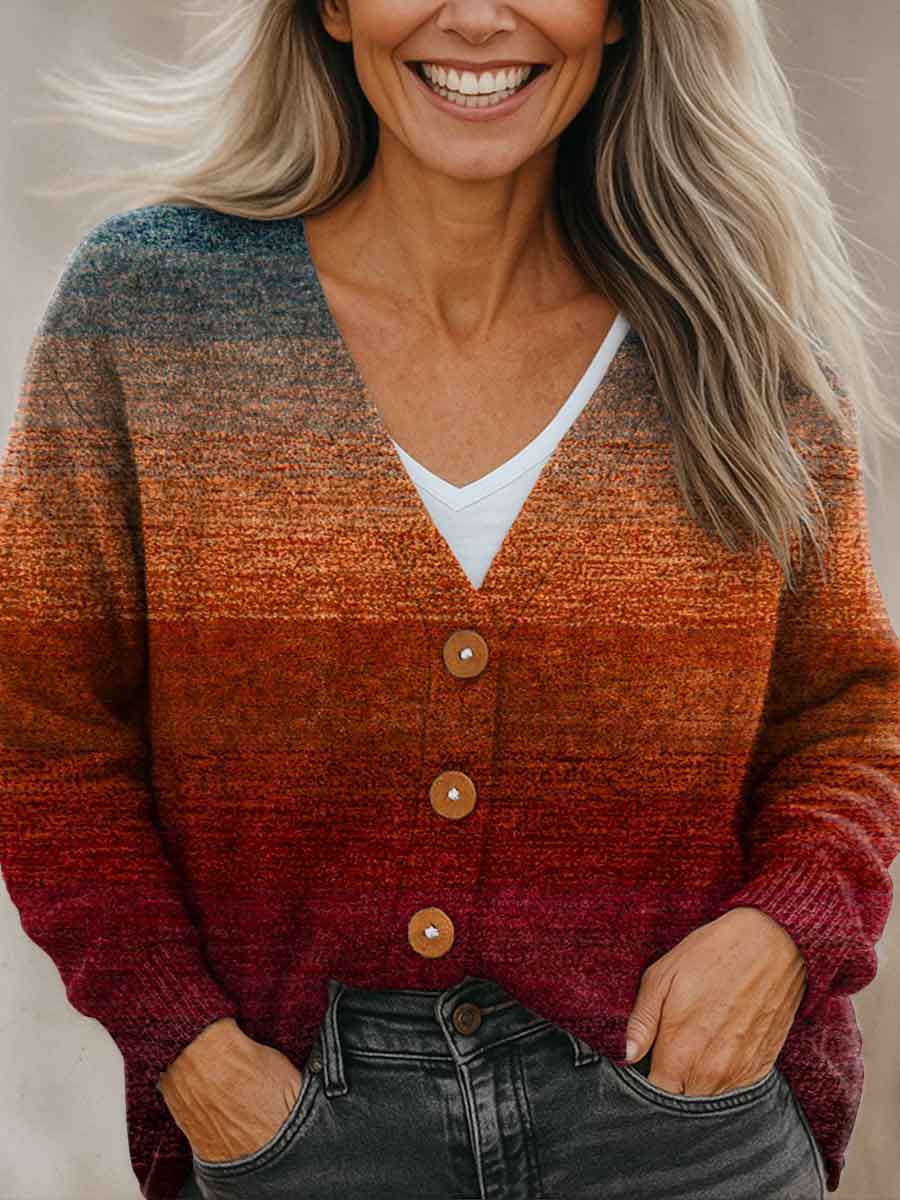 autumn-gradient-striped-print-buttoned-v-neck-cardigan-sweater