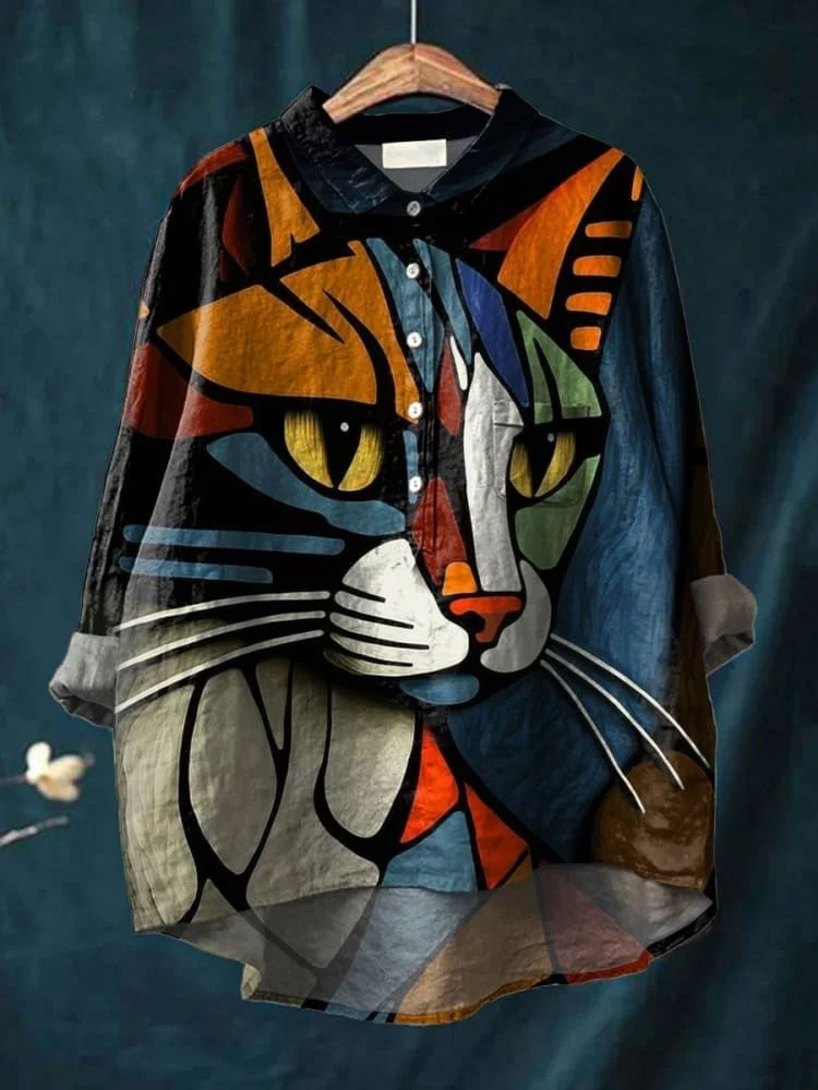 Women's Cat Art Abstract Print Casual Cotton And Linen Shirt