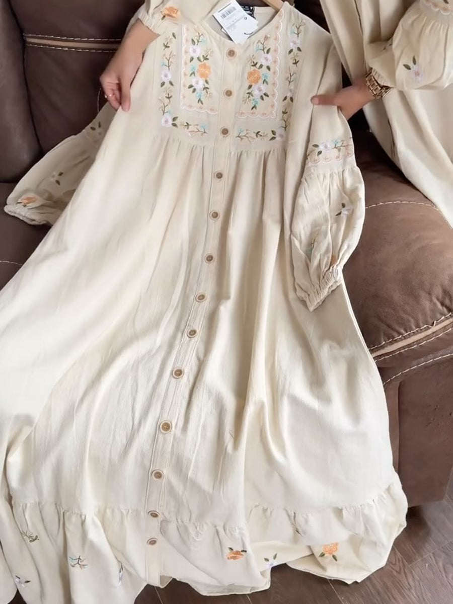Floral Embroidered Button-Down Lantern Sleeve Cotton Dress