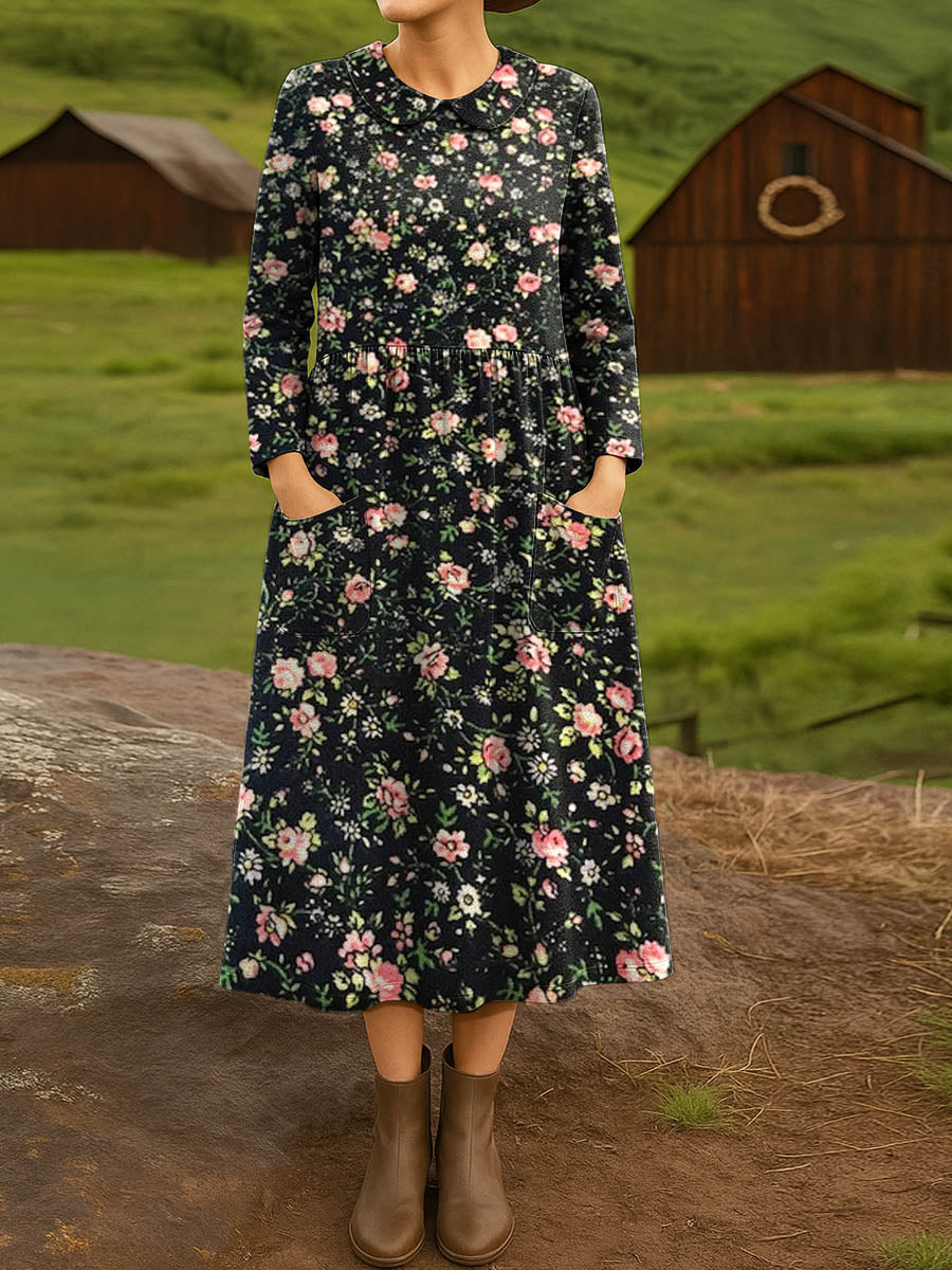 Women's Vintage Floral Pattern Art Print Cotton Lapel Shirt Dress