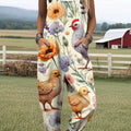 Women's Lovely Chicken Floral Art Print Casual 100% Cotton Wide Leg Jumpsuit
