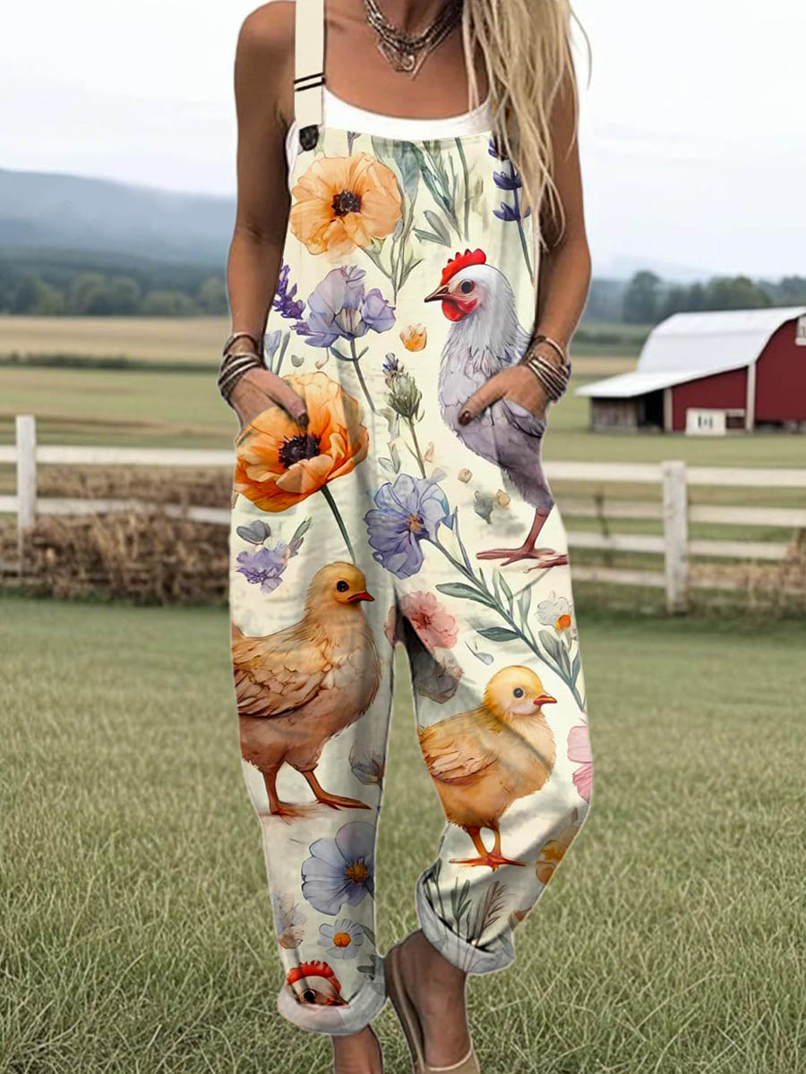 Women's Lovely Chicken Floral Art Print Casual 100% Cotton Wide Leg Jumpsuit