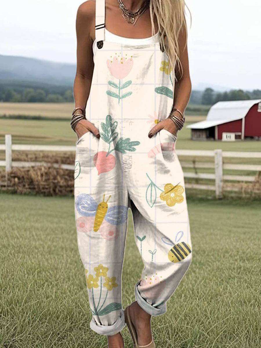 Women's Art Cartoon Butterfly Bee Print Casual 100% Cotton Wide Leg Jumpsuit