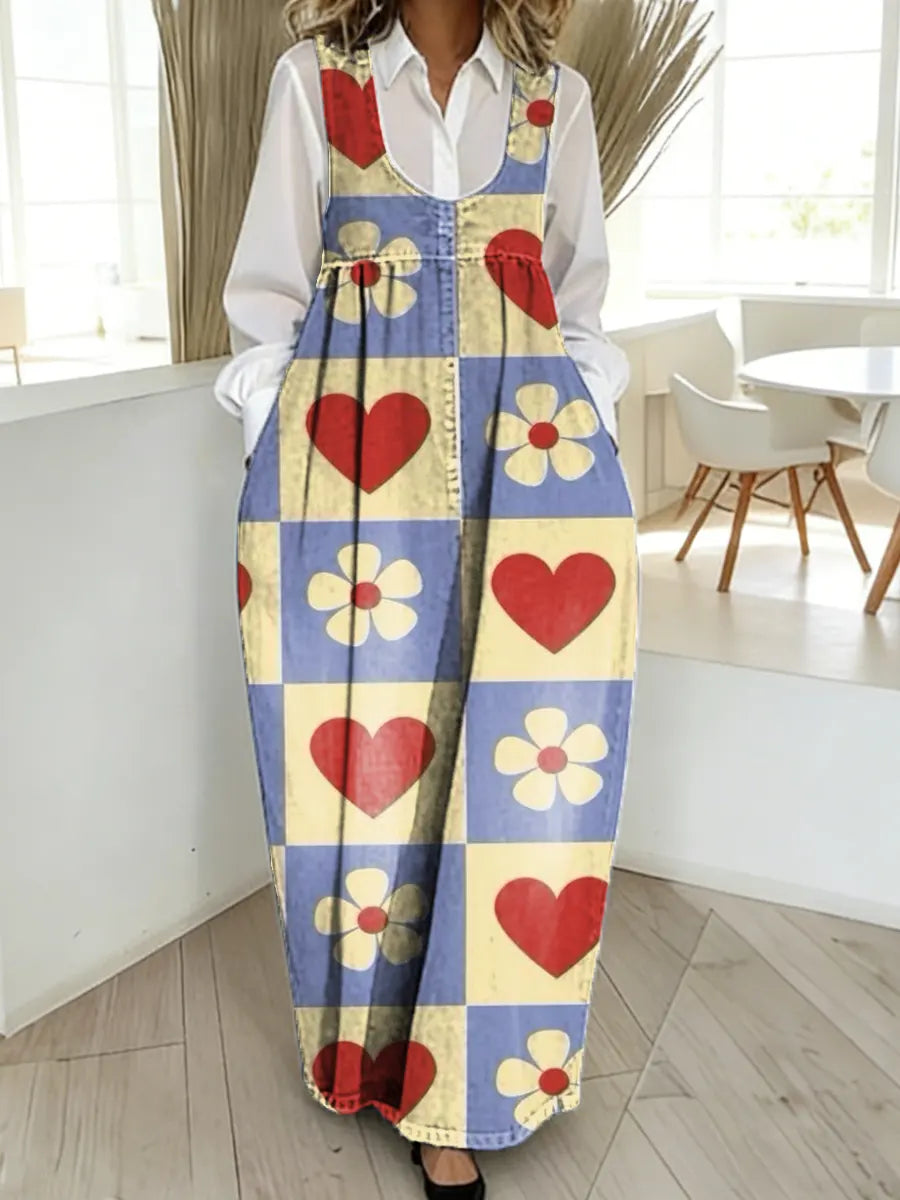 Women's Valentine's Day Heart Pattern Art Print Casual Cotton Denim Dress
