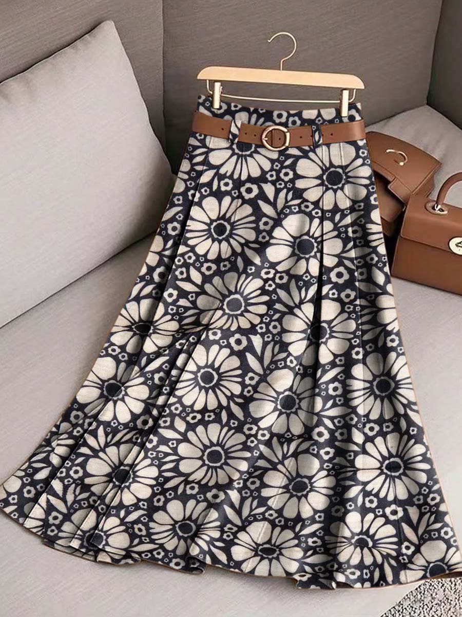 Women's Vintage Floral Pattern Art Print Casual Cotton Skirt