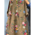 Women's Floral Print V-Neck Cotton and Linen Dress