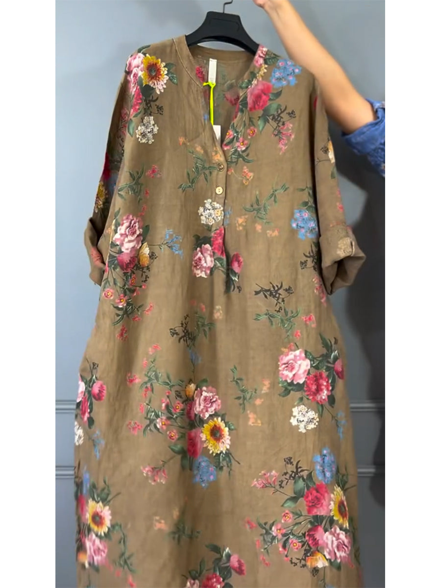 Women's Floral Print V-Neck Cotton and Linen Dress