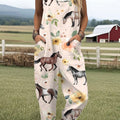 Women's  Funny  Farm Horse Flower Art Print Casual 100% Cotton Wide Leg Jumpsuit