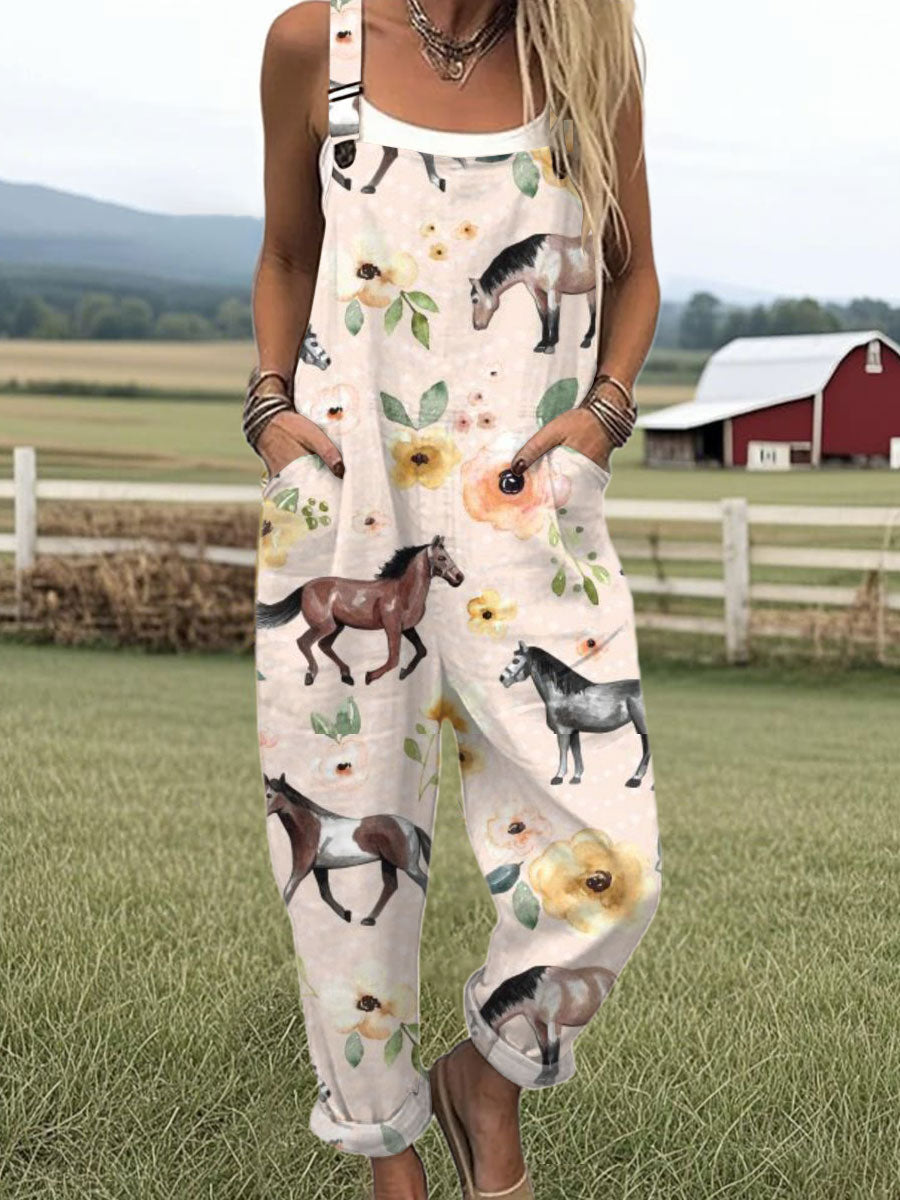 Women's  Funny  Farm Horse Flower Art Print Casual 100% Cotton Wide Leg Jumpsuit