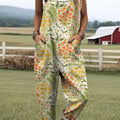 Women's Lovely Floral Art Print Casual 100% Cotton Wide Leg Jumpsuit