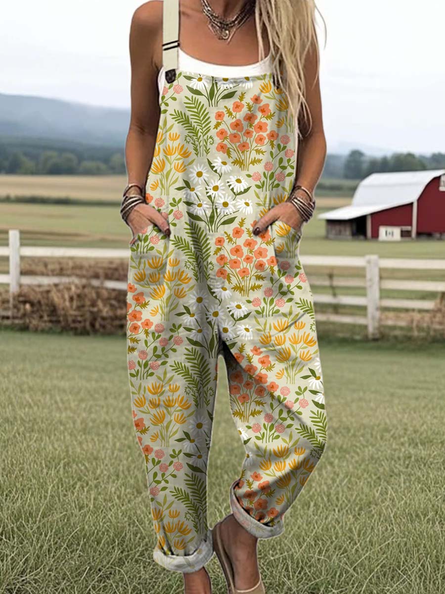 Women's Lovely Floral Art Print Casual 100% Cotton Wide Leg Jumpsuit