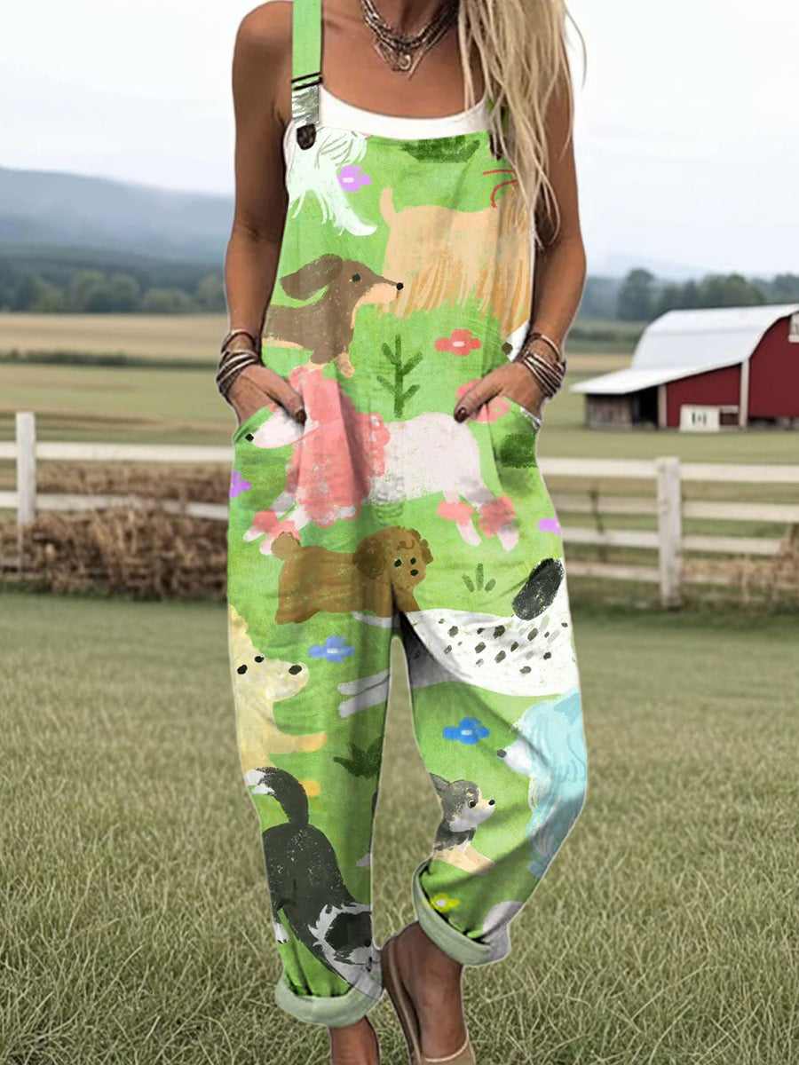 Women's Artistic Creative Cute Puppy Print Casual 100% Cotton Wide Leg Jumpsuit