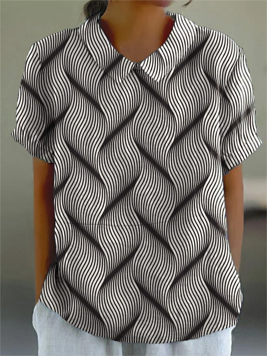 Geometric Swirl Pattern Printed Women's Casual Cotton And Linen Shirt