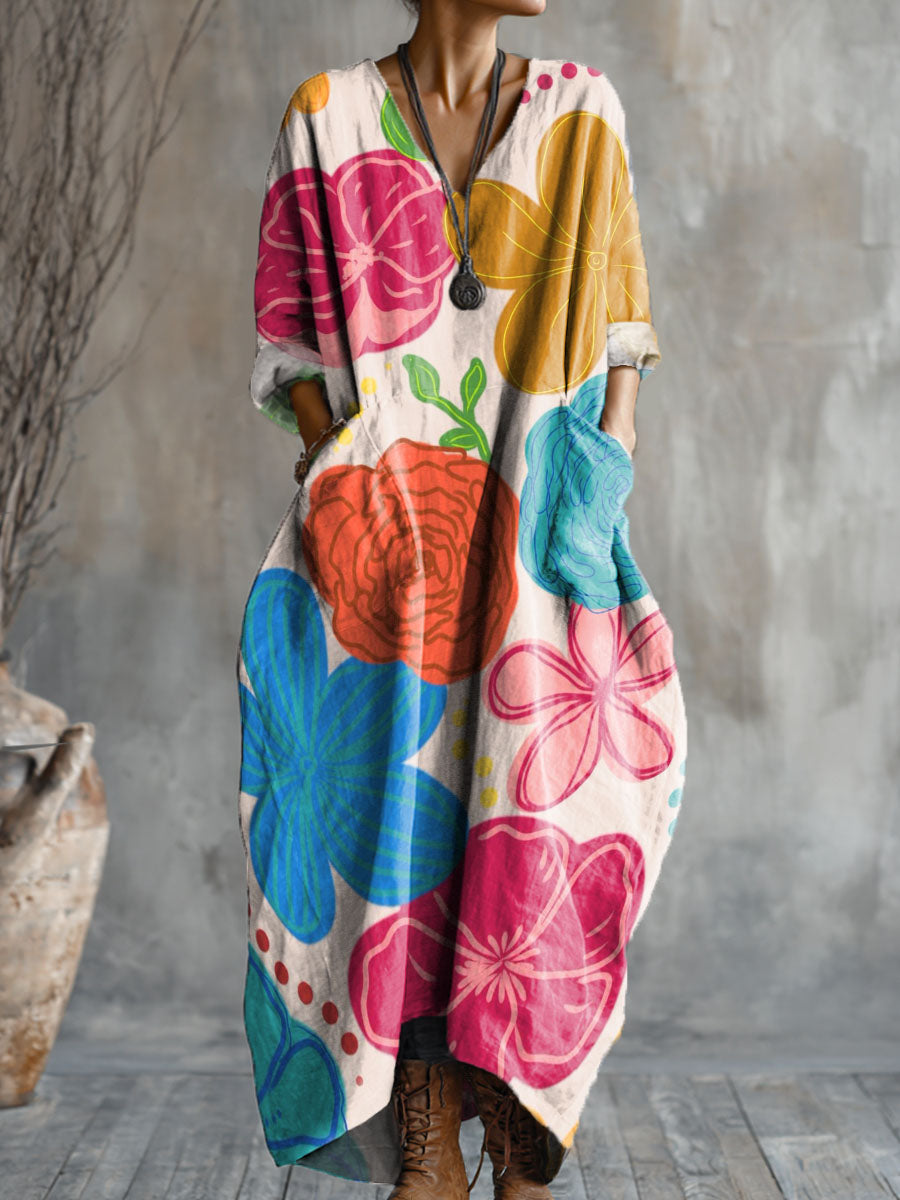 Women's Colorful Different Floral Art Pattern Print Pocket V-neck Cotton Dress