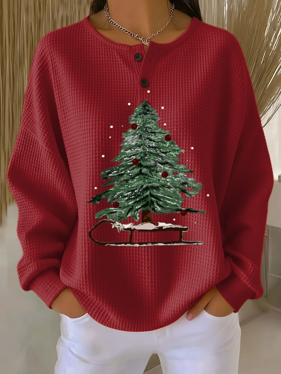 Women's Vintage Christmas Tree Art Print Casual Waffle Henry Collar Sweatshirt