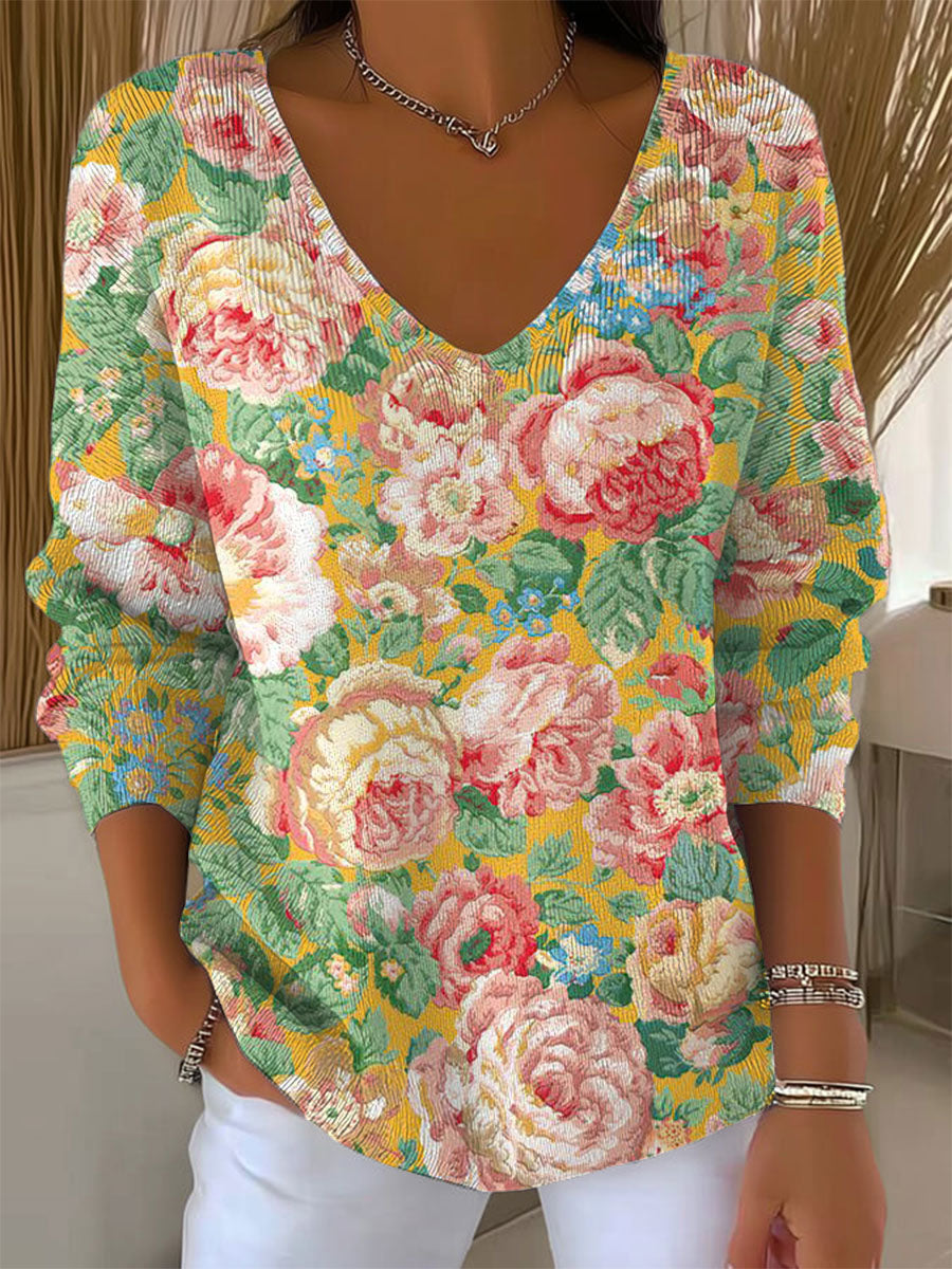 womens-vintage-flower-art-print-casual-pullover-sweater-h824