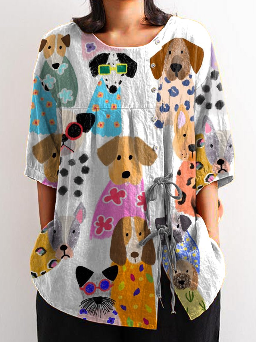 Women's Colorful Cartoon Funny Puppy Print Casual Cotton And Linen Shirt